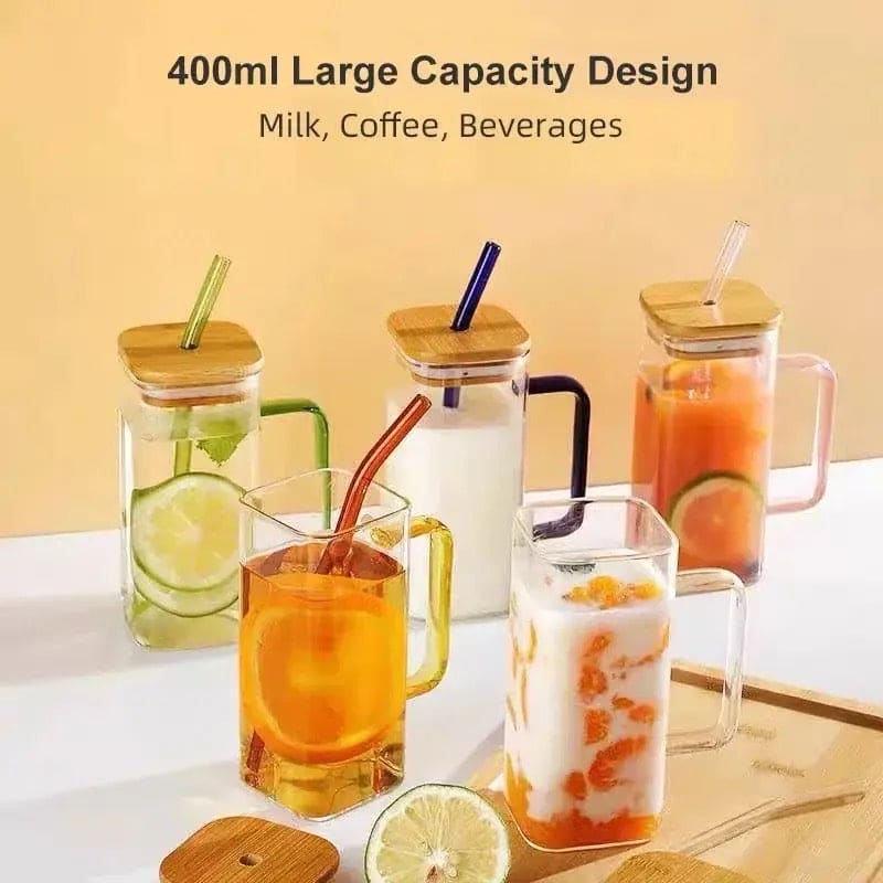Square Shape Glass Sipper Wooden Lid With Handle (400mL)