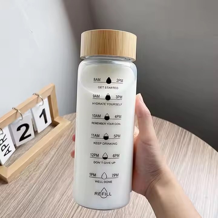Motivational Glass Water Bottle with Bamboo Lid