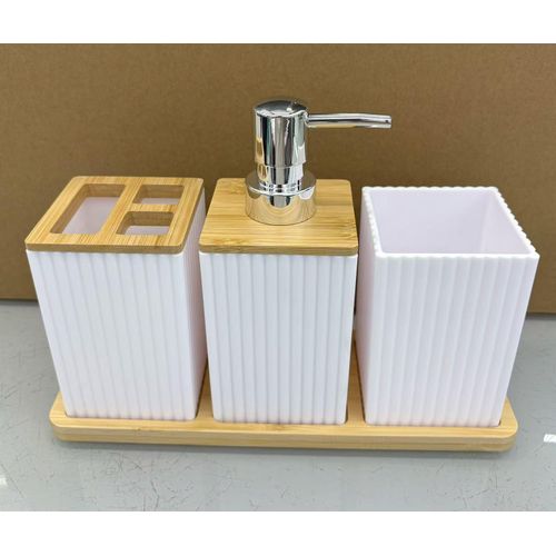 Wooden Lid PVC Bathroom Accessory Set – 4 Piece Premium Bathroom Organizer