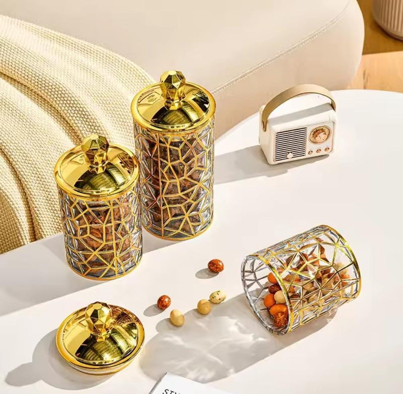 Acrylic Elegant Wave Jar Set – 3 Piece (Golden Lid)