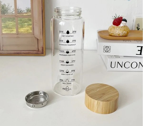 Motivational Glass Water Bottle with Bamboo Lid