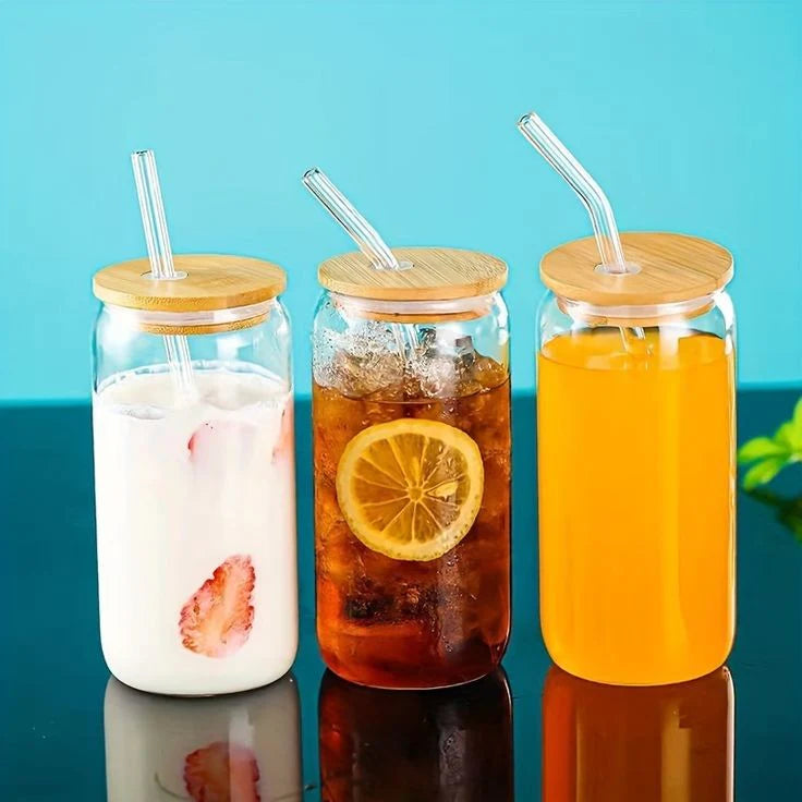 Transparent Round Drinking Glass Tumbler with Bamboo Lid – Premium Glass Cup with Straw