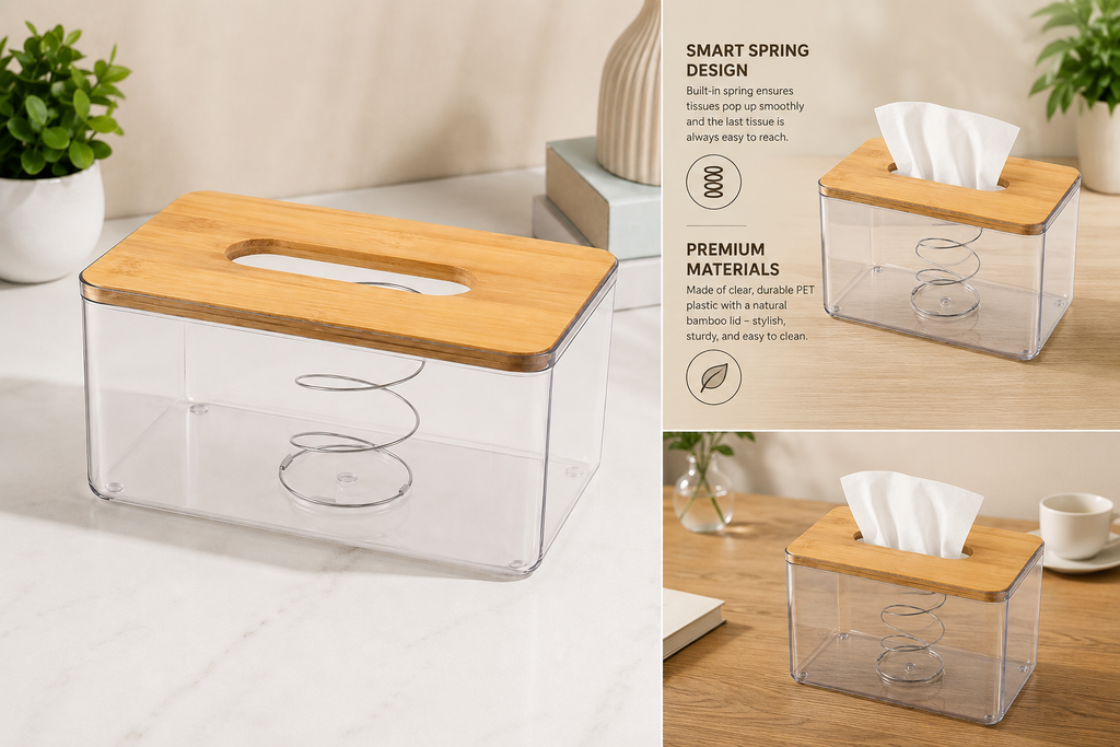 Transparent Tissue Box with Wooden Lid