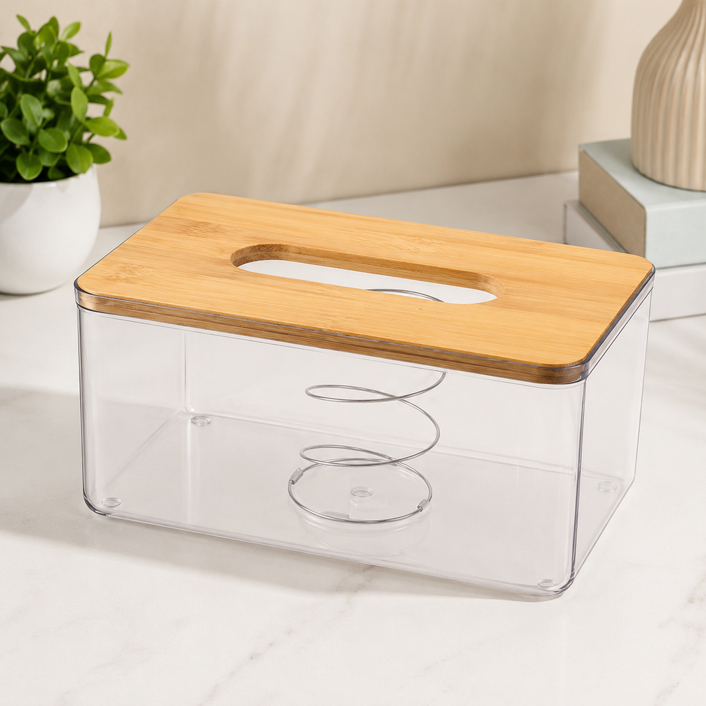 Transparent Tissue Box with Wooden Lid