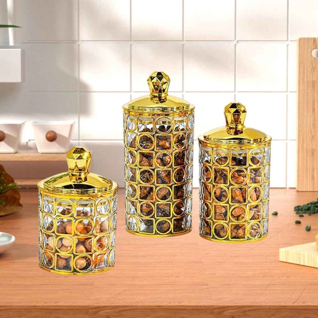 Acrylic Honeycomb Lattice Jar Set – 3 Piece (Golden Lid)