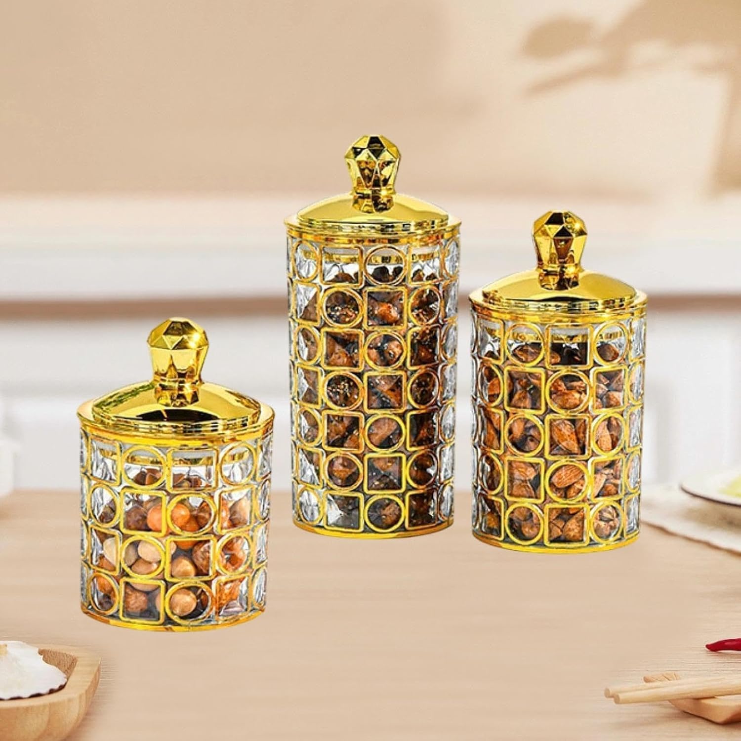 Acrylic Honeycomb Lattice Jar Set – 3 Piece (Golden Lid)