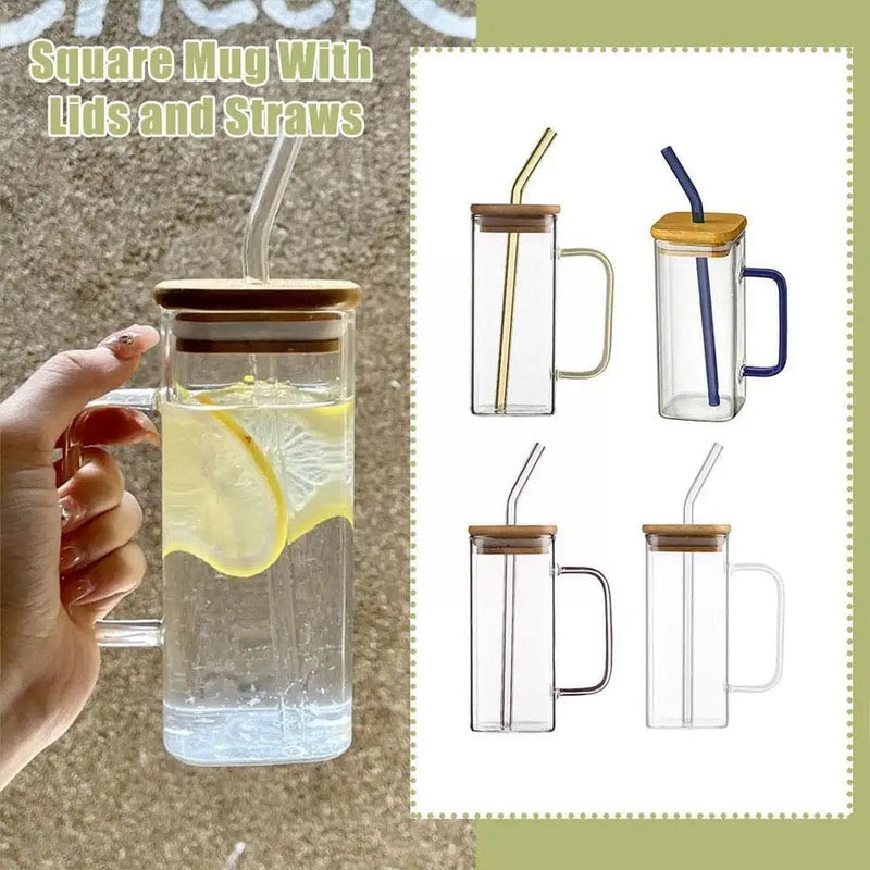 Square Shape Glass Sipper Wooden Lid With Handle (400mL)