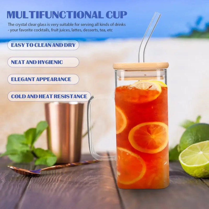 Square Shape Glass Sipper Wooden Lid With Handle (400mL)