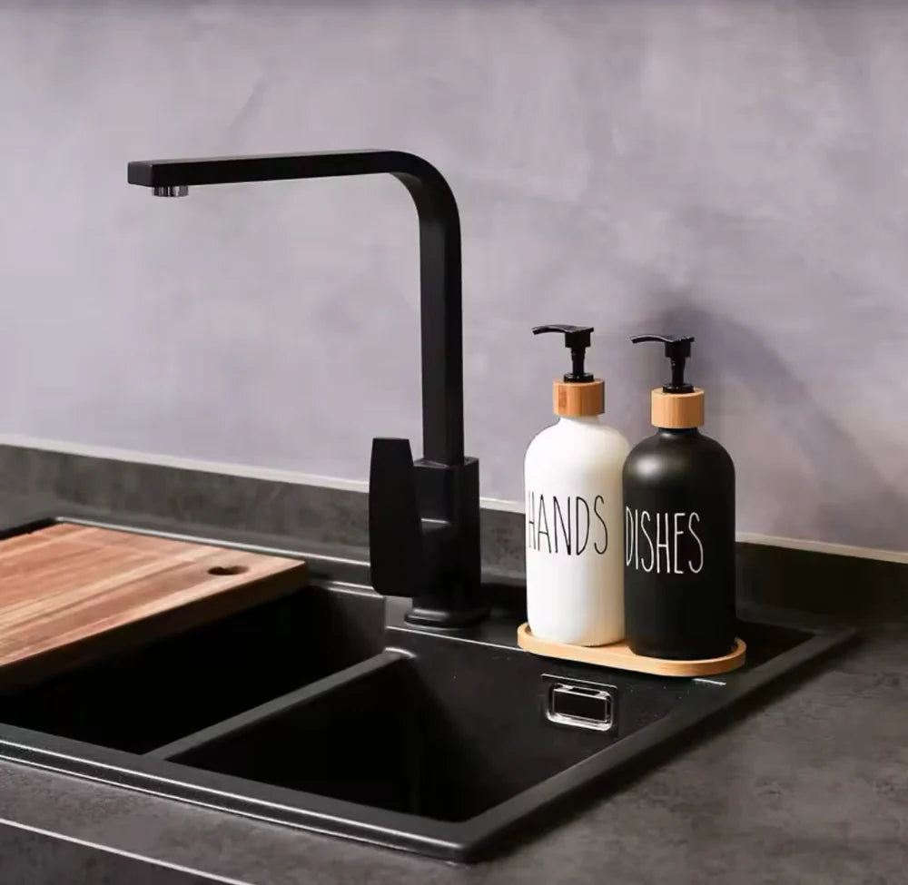 Bathroom & Kitchen Hand Soap Dispenser with Bamboo Tray