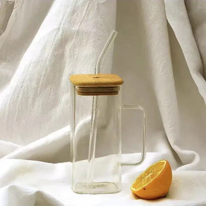 Square Shape Glass Sipper Wooden Lid With Handle (400mL)