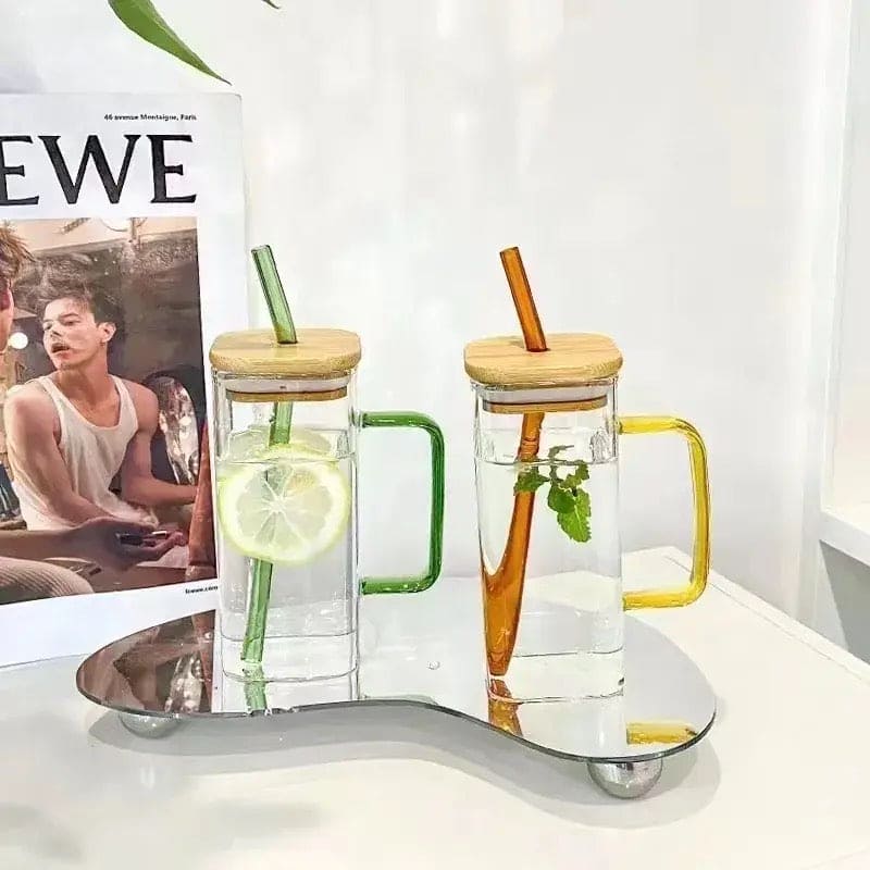 Square Shape Glass Sipper Wooden Lid With Handle (400mL)