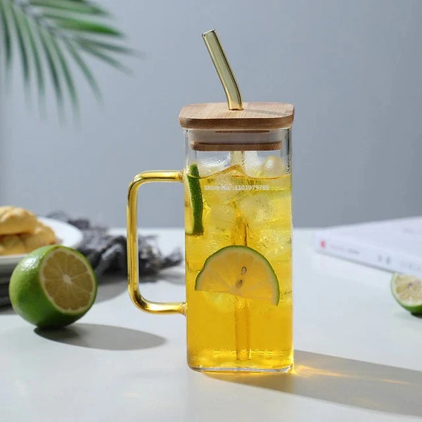 Square Shape Glass Sipper Wooden Lid With Handle (400mL)
