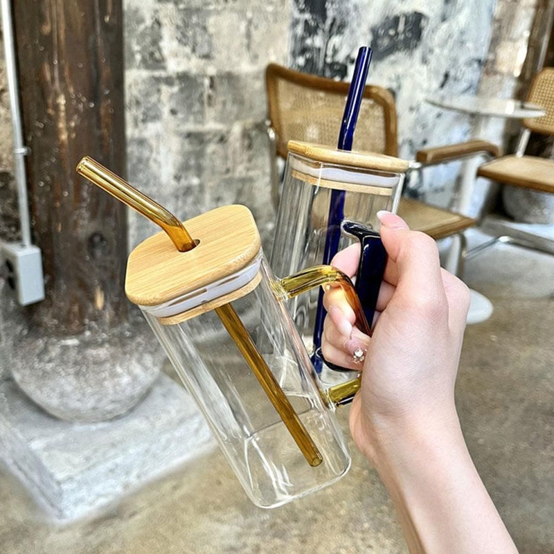 Square Shape Glass Sipper Wooden Lid With Handle (400mL)