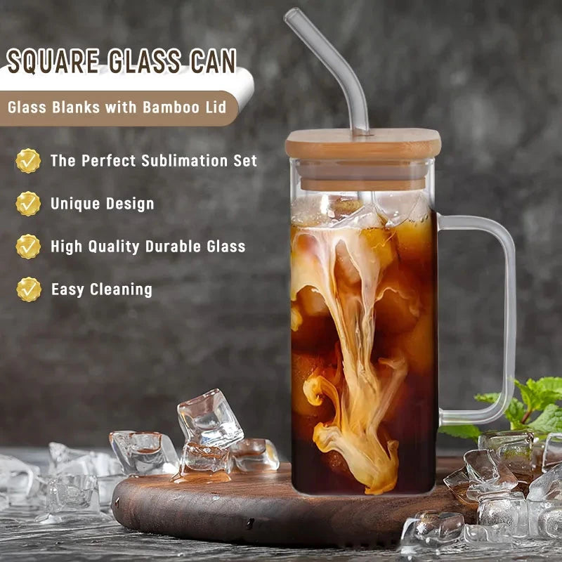 Square Shape Glass Sipper Wooden Lid With Handle (400mL)