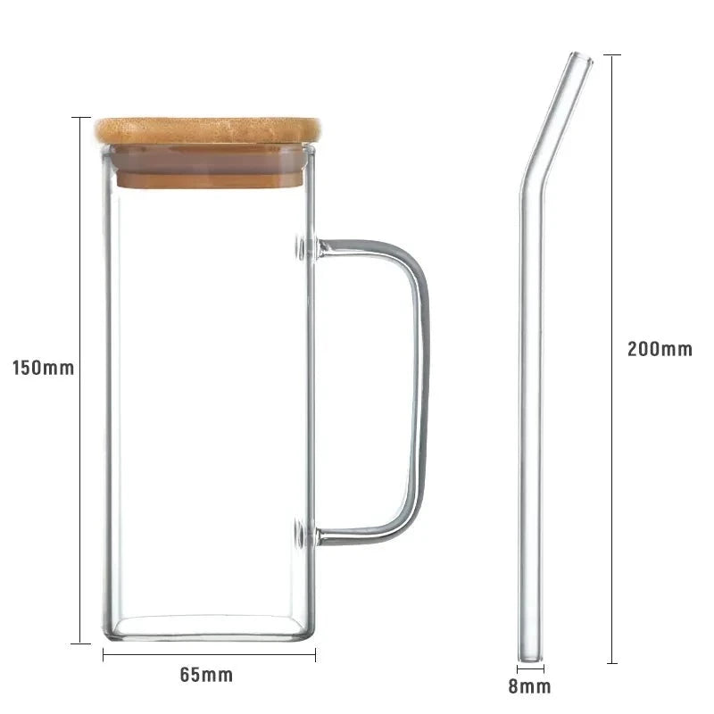 Square Shape Glass Sipper Wooden Lid With Handle (400mL)