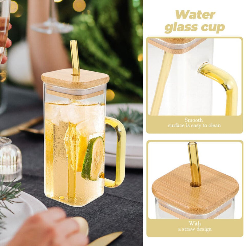Square Shape Glass Sipper Wooden Lid With Handle (400mL)