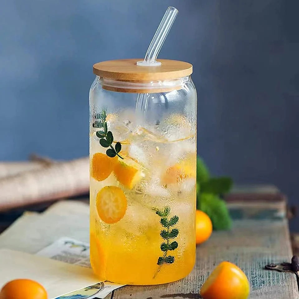 Transparent Round Drinking Glass Tumbler with Bamboo Lid – Premium Glass Cup with Straw