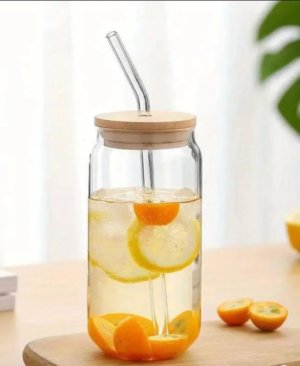 Transparent Round Drinking Glass Tumbler with Bamboo Lid – Premium Glass Cup with Straw