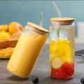 Transparent Round Drinking Glass Tumbler with Bamboo Lid – Premium Glass Cup with Straw