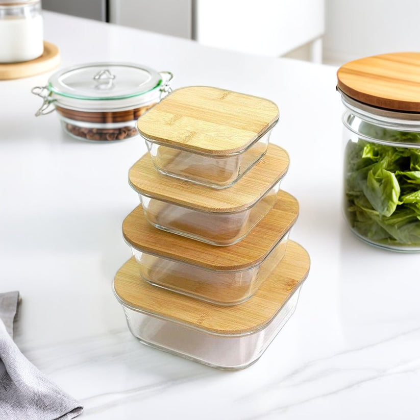 Bamboo Lid Glass Dish Set – Square
