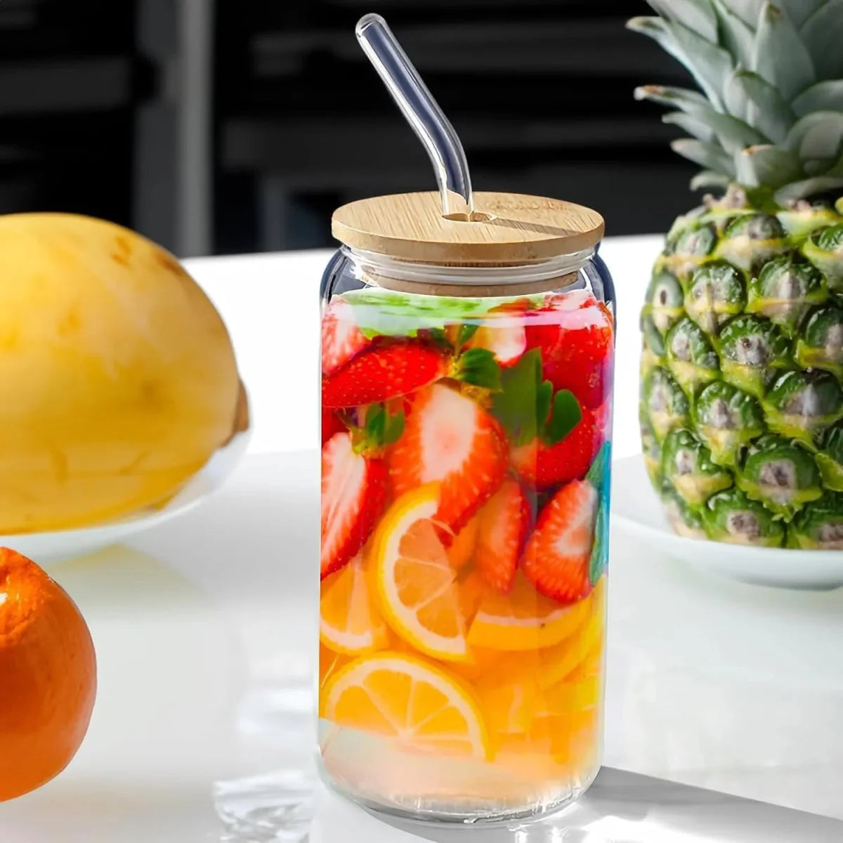 Transparent Round Drinking Glass Tumbler with Bamboo Lid – Premium Glass Cup with Straw